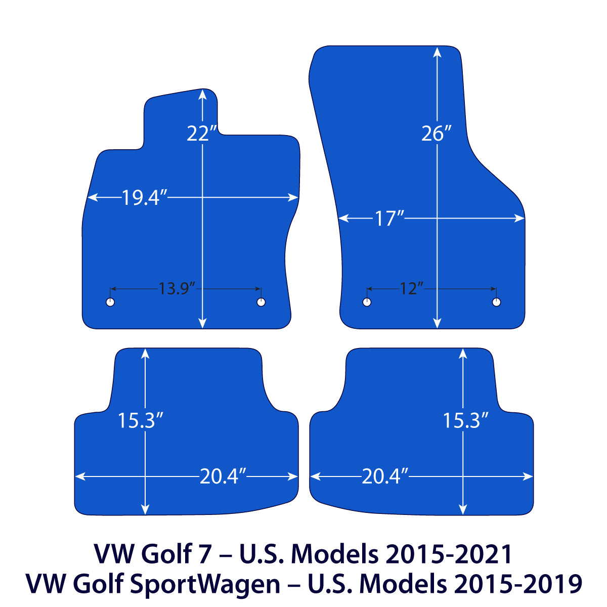 Volkswagen Golf 7 &amp; Golf SportWagen Velour Floor Mats 2012-2021 – Black
